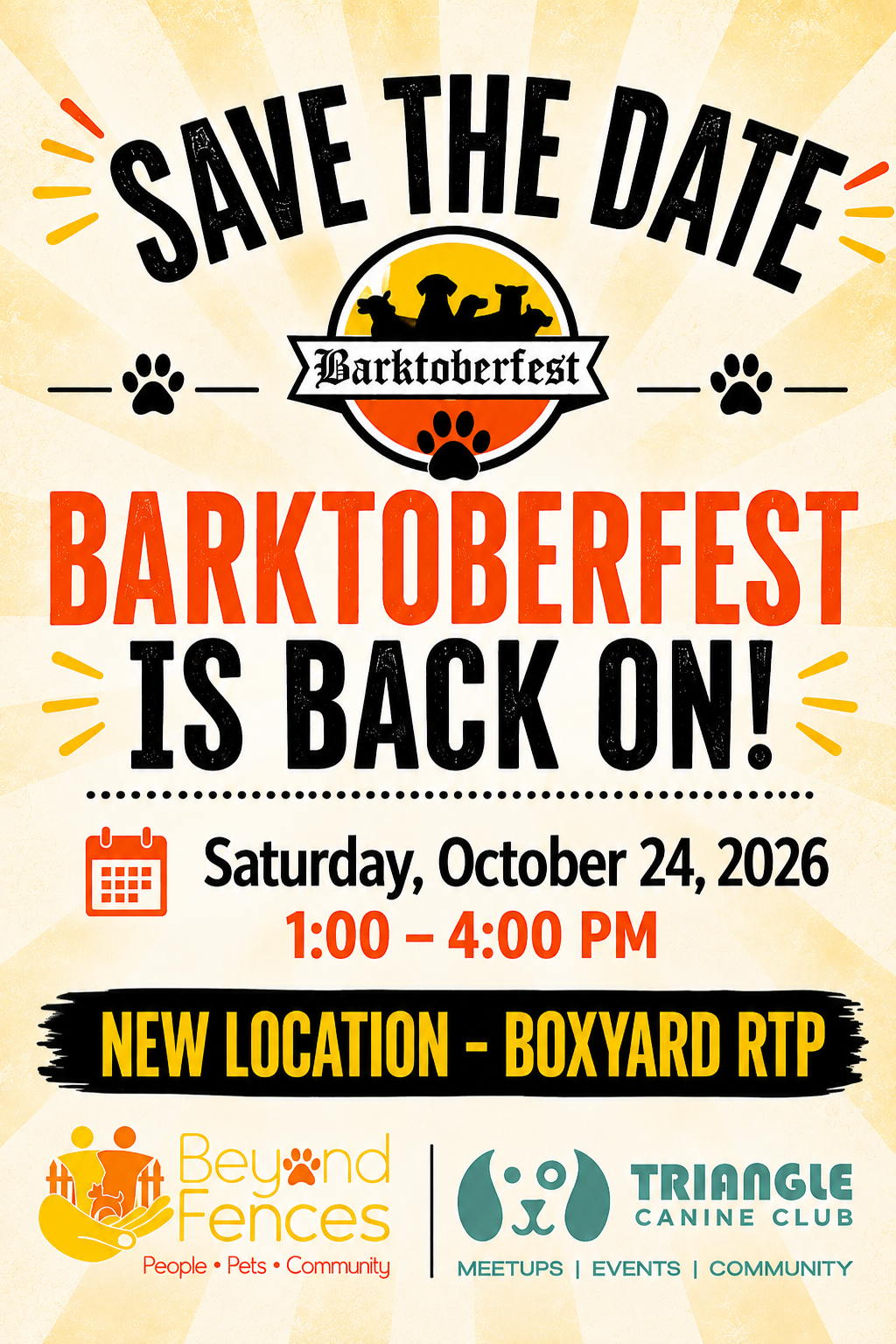 Barktoberfest Save the Date — Saturday, October 24, 2026, 1–4 PM at Boxyard RTP